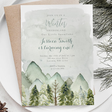 winter forest mountain onederland 1st birthday invitation