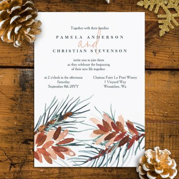 winter green, brown pine cones wedding invitations
