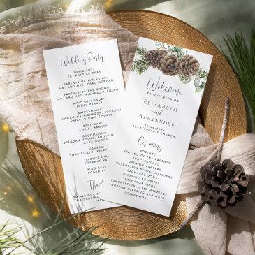 winter greenery pine cone wedding program