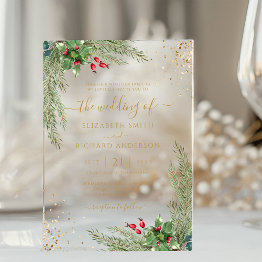 Small Winter Holiday Botanical Greenery Wedding Acrylic Invitations Front View