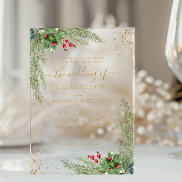 winter holiday botanical greenery wedding acrylic invitations