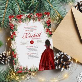 Small Winter Holiday Red Floral Elegant Quinceanera Invitation Front View