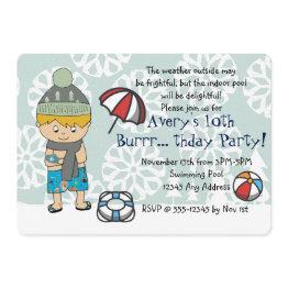 Small Winter Indoor Pool Birthday Party Invitation Front View