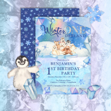 winter onederland arctic animal 1st birthday party invitation