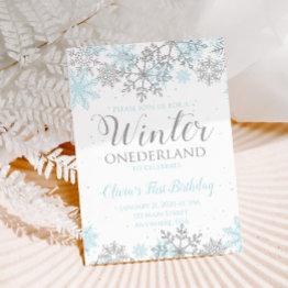 Small Winter Onederland First Birthday Invitation Blue Front View