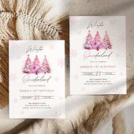 Small Winter Onederland Pink 1st Birthday Invitation Front View