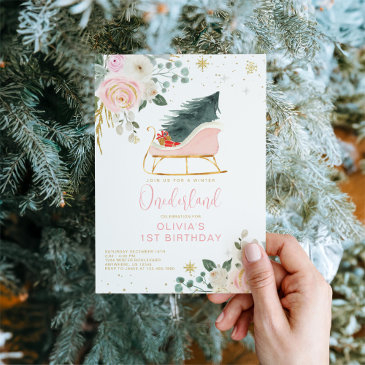 winter onederland pink and gold sleigh birthday invitation