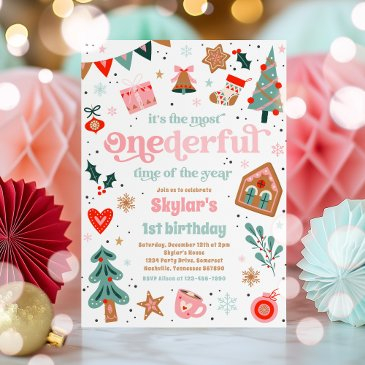 winter onederland pink christmas birthday party invitation