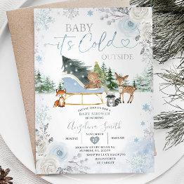 Small Winter Pastel Blue Snowflake Truck Baby Shower Invitation Front View