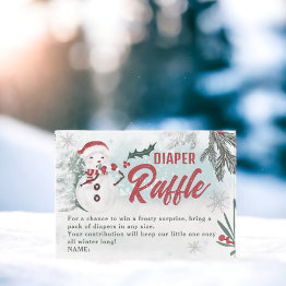 Small Winter Pine Snowman Cute Diaper Raffle Baby Shower Enclosure Invitations Front View