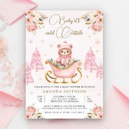 Small Winter Pink Gold Floral Teddy Bear Baby Shower Invitation Front View