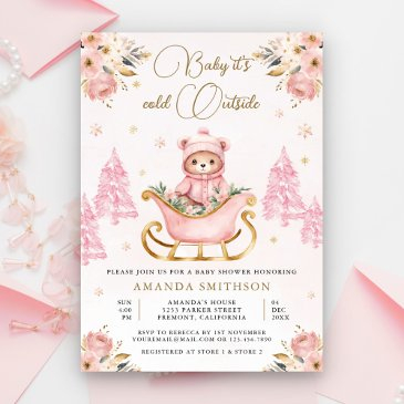 winter pink gold floral teddy bear baby shower invitation