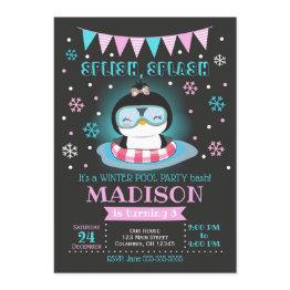 Small Winter Pool Party Birthday Invitation / Penguin Front View