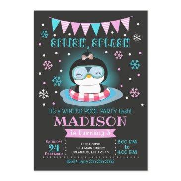 winter pool party birthday invitation / penguin