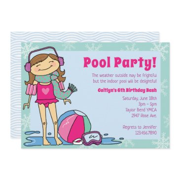 winter pool party brunette girl indoor swimming invitation