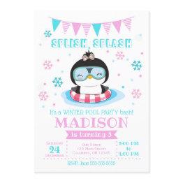 Small Winter Pool Party Invitation / Girl Penguin Invite Front View