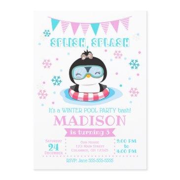 winter pool party invitation / girl penguin invite