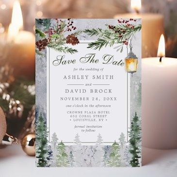 winter rustic pine lantern save the date invitations