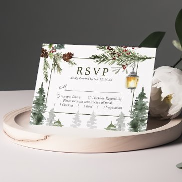 winter rustic pine trees botanical lantern wedding rsvp invitations