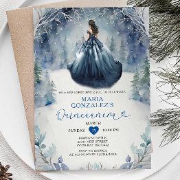Small Winter Snow Navy Blue Dress Forest Quinceañera Invitation Front View