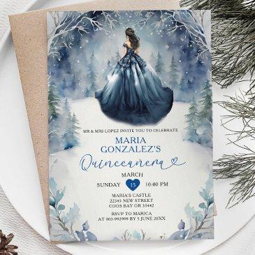 winter snow navy blue dress forest quinceañera invitation