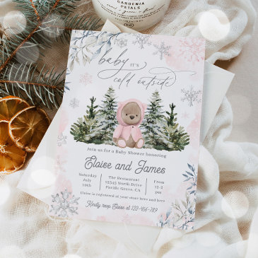 winter teddy bear snowflakes pink girl baby shower invitation