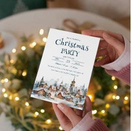 Small Winter Village Scenery Christmas Party Invitation Front View