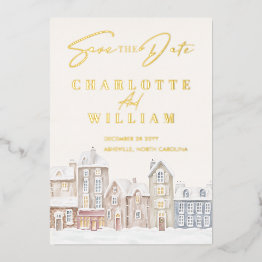 Small Winter Village Town Snow Holiday Save The Date Foil Invitation Front View