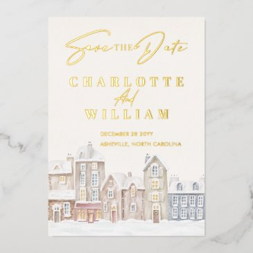 winter village town snow holiday save the date foil invitation