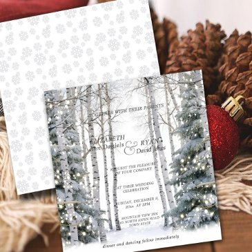 winter wedding white birch snowflakes pine trees invitation
