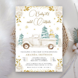 Small Winter White Gold Floral Truck Snowman Baby Shower Invitation Front View