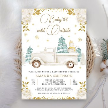 winter white gold floral truck snowman baby shower invitation