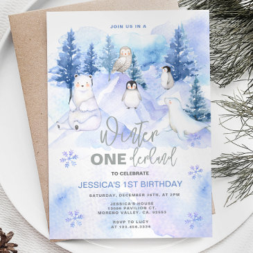 winter wonderland arctic animals birthday invitation