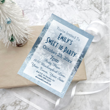 winter wonderland ice theme blue sweet 16 birthday invitation