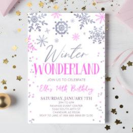 Small Winter Wonderland Pink Snowflake Birthday Party Invitation Front View