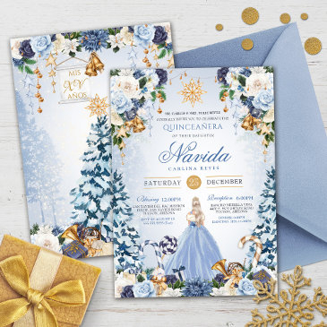 winter wonderland quinceañera snowy blue floral invitation
