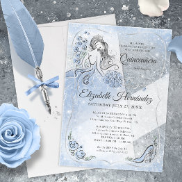 Small Winter Wonderland Silver Light Blue Quinceanera Acrylic Invitations Front View