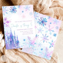 Small Winter Wonderland Snowflakes Girl Snow Birthday Invitation Front View