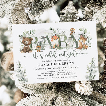 winter woodland animals sage greenery baby shower invitation