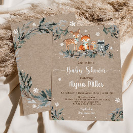 Small Winter Woodland Greenery Snowflake Baby Shower Invitation Front View