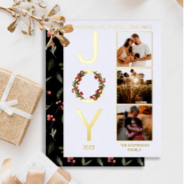 Small Wishing You Peace Love And Joy 3 Photo Christmas Foil Holiday Invitations Front View