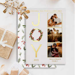 Small Wishing You Peace Love And Joy 3 Photo Christmas Foil Holiday Invitations Front View