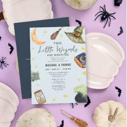 Small Wizards Brewing Twin Boys Halloween Baby Shower Invitation Front View