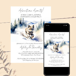 Small Wolf Themed Adventure Awaits Baby Shower Invitation Front View