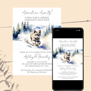 wolf themed adventure awaits baby shower invitation
