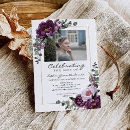 Small Woman Celebration Of Life With Photo Purple Invitation Front View