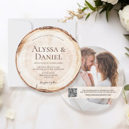 Small Wood Cut Qr Code Custom Photo Rustic Wedding Invitation Front View