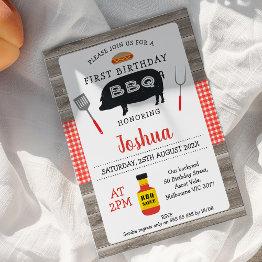 Small Wood Red Plaid Pig Bbq 1st Birthday Invitation Front View