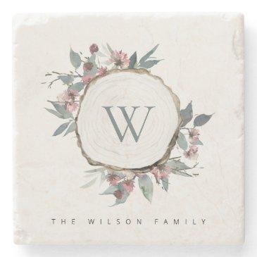 wood slice pink botanical monogram family name stone coaster