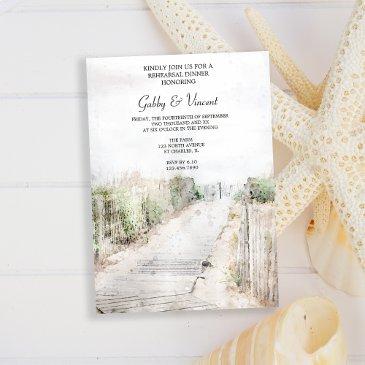 wooden boardwalk to the beach rehearsal dinner invitation